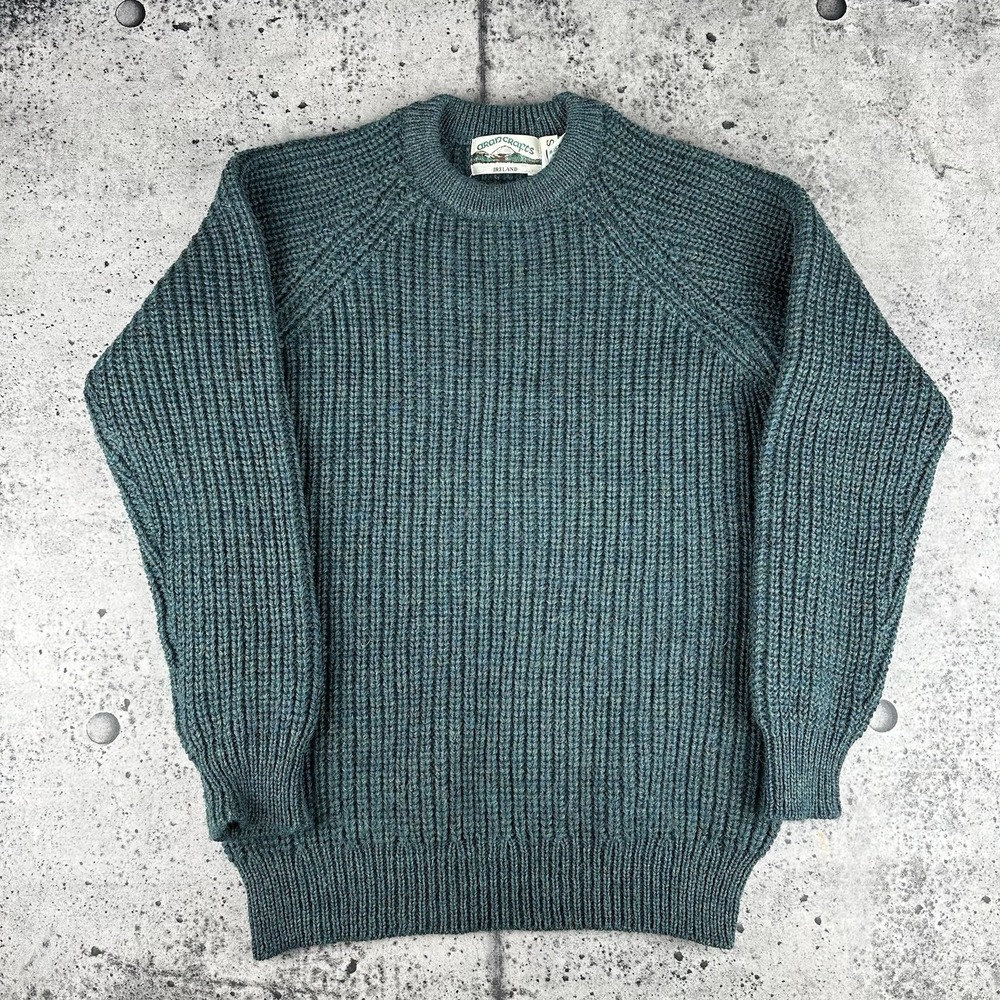 Vintage Teal Green Aran Crafts Ireland 100% Wool Thick Knit Small